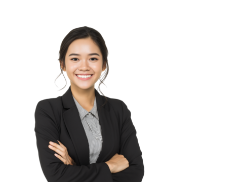 Portrait of a confident young Asian businesswoman in a professional black suit, smiling warmly with arms crossed. A friendly and successful corporate professional isolated on white background.
