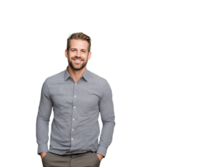 Handsome young caucasian businessman with a beard smiling confidently at the camera. Portrait of a successful and friendly professional man isolated on a white background.