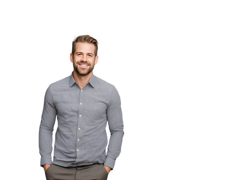 Handsome young caucasian businessman with a beard smiling confidently at the camera. Portrait of a successful and friendly professional man isolated on a white background. - Powered by Adobe