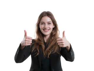 Portrait of a cheerful and confident young caucasian woman in a business blazer showing a double thumbs-up gesture of agreement, satisfaction, and success on a white studio background.
