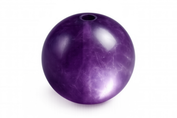 Polished amethyst sphere, pierced for stringing, gleaming against transparent backdrop, perfect for jewelry crafting