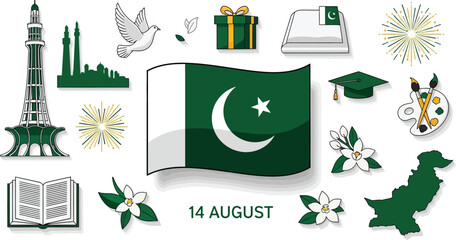 Pakistan independence day celebration with flag and national symbols on a white background layout design