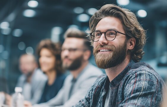 A team of businesspeople sits in a row and works during a conference or office meeting, improving teamwork and presentation.
