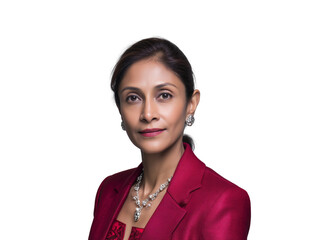 Professional corporate headshot of a confident and poised South Asian businesswoman looking at the camera. An inspiring and successful female leader isolated on a clean white background.