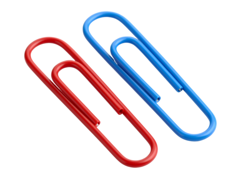 Colorful Plastic Paper Clip Set in Bright Red and Blue, White Background PNG