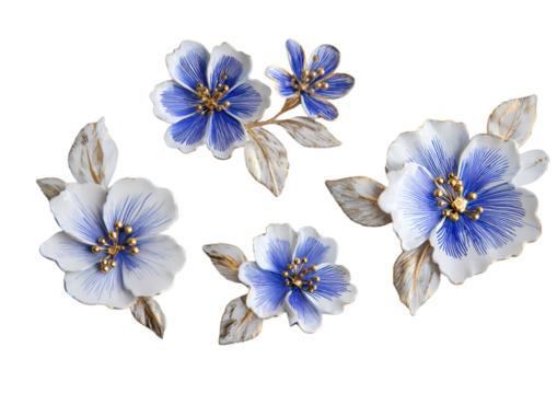 Blue and white floral blossoms with gold accents isolated on transparent background