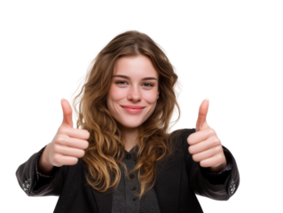 A young woman with long, wavy brown hair, wearing a dark suit jacket, gives a confident and happy expression with both thumbs up, conveying positive approval and success.