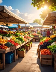 Fototapeta premium Vibrant outdoor market overflowing with fresh produce on a sunny day (1)