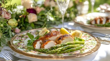 Elegant Chicken Dish with Asparagus and Lemon on Fine China Plate