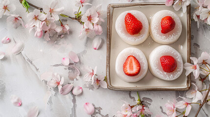 Delicate Japanese Mochi with Strawberries Surrounded by Cherry Blossoms
