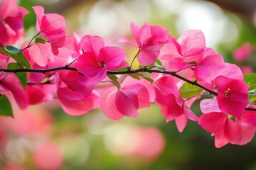 Obraz premium Captivating Pink Bougainvillea Blooms on Branch, A Floral Delight Against a Soft Green Background