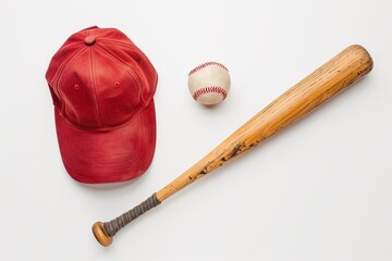 Flat lay of wooden baseball bat, ball, and team cap on white background, sports gear mockup, top-down style.