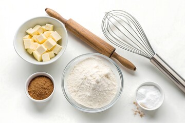 Baking ingredients and tools laid out ready for culinary creation on a white surface
