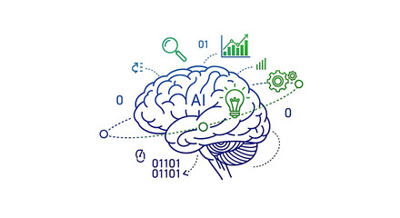 Illustration of a brain with ai text and icons representing data analysis and machine learning processes