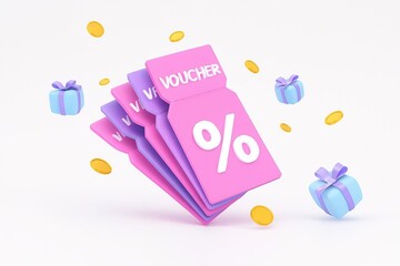 Pink vouchers with percentage signs and gift boxes floating