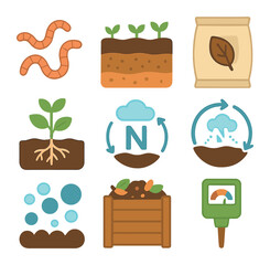 Soil Health Icons. Flat vector mini-illustrations soil health and biodiversity in colors children's