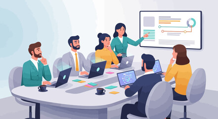 Business team collaborates during a presentation, analyzing data on laptops and a large screen.