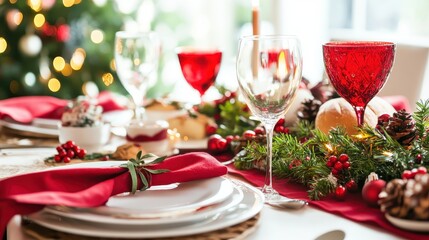 Fototapeta premium Festive Christmas Table Setting with Red Accents and Decorations