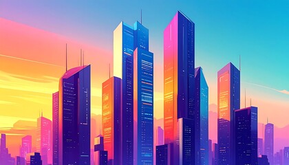 Modern cityscape against a vibrant gradient sky reflecting contemporary architectural design