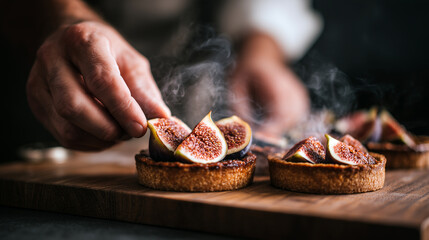Chef hands placing fresh fig slices on warm autumn tarts with steam rising. Gourmet bakery dessert preparation showcasing seasonal fruit and artisan pastry skills.