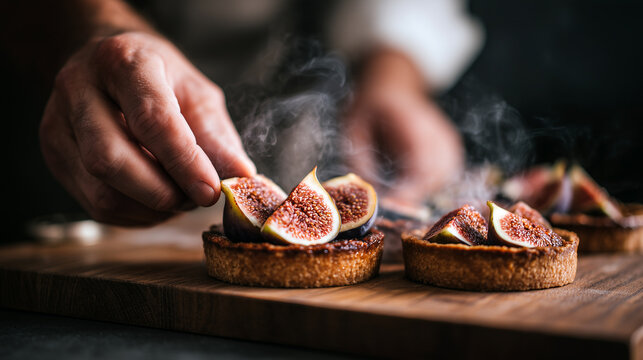 Chef hands placing fresh fig slices on warm autumn tarts with steam rising. Gourmet bakery dessert preparation showcasing seasonal fruit and artisan pastry skills.