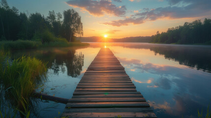 Obraz premium Wooden Dock at Sunset over Calm Lake: A serene pathway to tranquility at nature's golden hour.