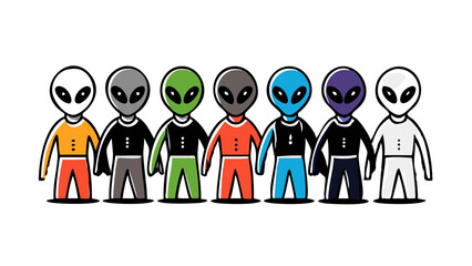 Group of colorful alien characters standing together with playful expressions in a cartoon style illustration
