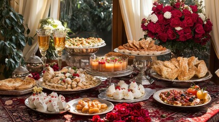 Elegant Dessert Table with Assorted Pastries and Floral Arrangement
