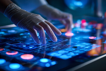 Dj mixing using a digital controller with glowing touchpads and vibrant lighting effects