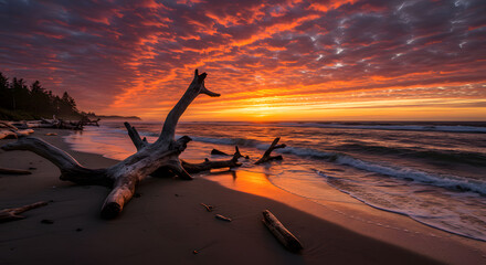 Dramatic coastal sunset with driftwood on a sandy beach under a vibrant sky landscape