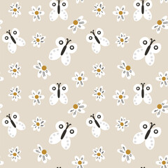 Funny little bees in white with flowers on beige background. Ideal for nursery, packaging and nature-themed prints.