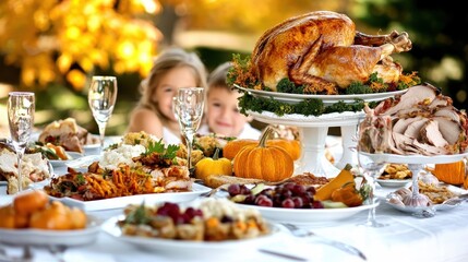 Festive Family Gathering with Abundant Thanksgiving Feast Table