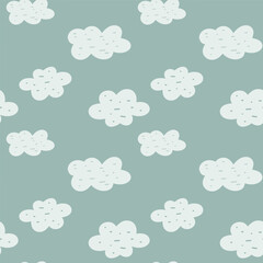 Soft and simple seamless cloud pattern on a blue background. Perfect for baby textiles, nursery wall art, digital wallpapers and weather-themed crafts.