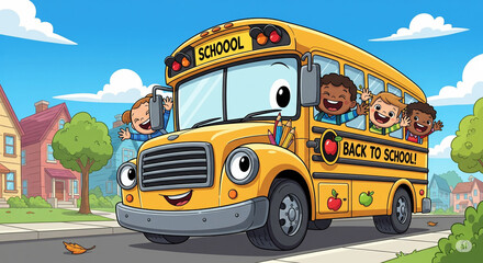 School Bus with Kids Waving. &ldquo;Yellow school bus with happy children waving from the windows, cartoon style, street background, back to school theme&rdquo;

