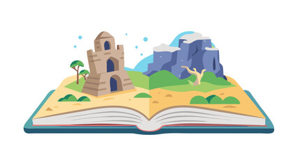 Open storybook revealing a fantasy landscape with a castle, mountains, and greenery in a whimsical illustration style