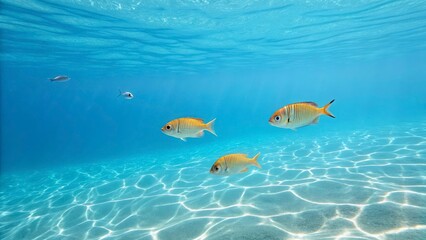 Fototapeta premium A view of several small fish swimming in clear blue water with a sandy bottom in the ocean environment
