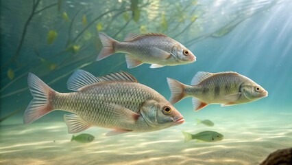 Naklejka premium A serene underwater scene featuring a school of fish swimming in clear blue water with sunlight