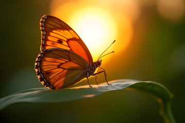 Sunburst captured through the wings of a butterfly on a leaf.
