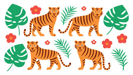 Obraz premium Tigers with tropical leaves and flowers wildlife nature illustration 