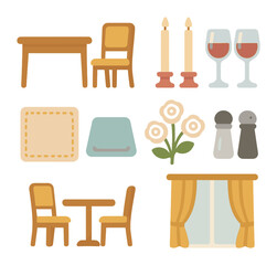 Elegant Dining Icons. Flat vector mini-illustrations Elegant dining set for two in colors children's
