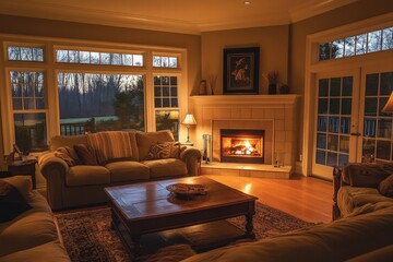 Fototapeta premium Wooden cozy cabin interior with glowing fireplace