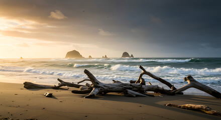 Dramatic Oregon Coast landscape with driftwood, ocean waves, and haystack rocks