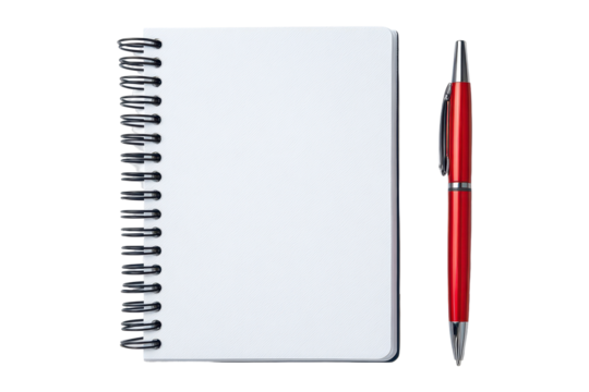 Blank spiral notebook and red pen placed on white background ready for notes or sketches during study or creative sessions