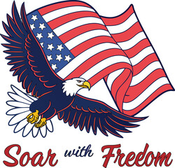 American eagle flag illustration with a flying black cartoon animal and tribal wings design
