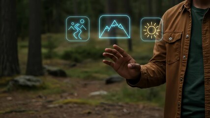 Outdoor Technology: An adult man interacts with augmented reality for a digital experience, planning a hiking adventure in the forest and nature. - Powered by Adobe
