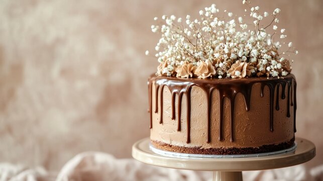 Close-up of a chocolate drip wedding cake with glossy caramel glaze and dried florals - Concept of Brown Wedding  
