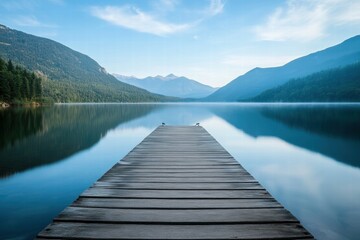 Obraz premium Serene lake and pier in early morning light