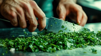 Fresh Green Herbs Being Chopped with a Sharp Knife on a Cutting Board