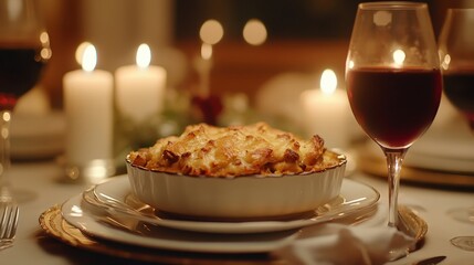 Elegant Dinner Table Setting with Delicious Casserole and Wine