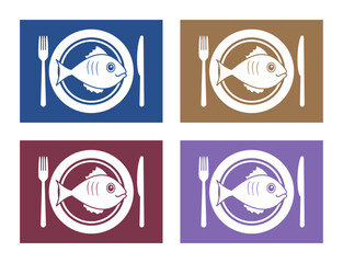 Restaurant tray with fish on the menu with four different colors - vector